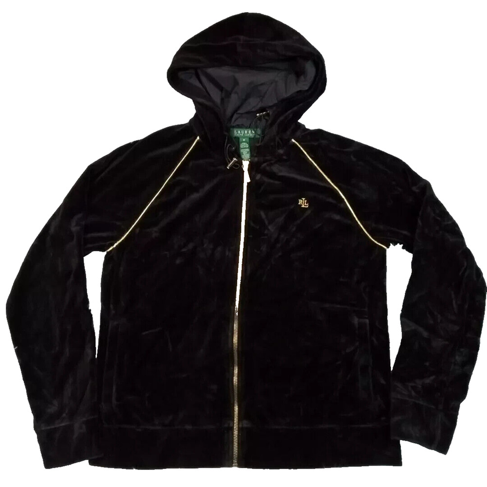 Ralph Lauren Womens Black Velvet Gold Embroidery Full Zip Hooded Jacket Size P/M